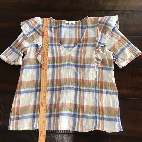 Madewell V Neck Shoulder Ruffle Top Blouse Shady Plaid Rusted Tin Small EUC - Picture 9 of 11